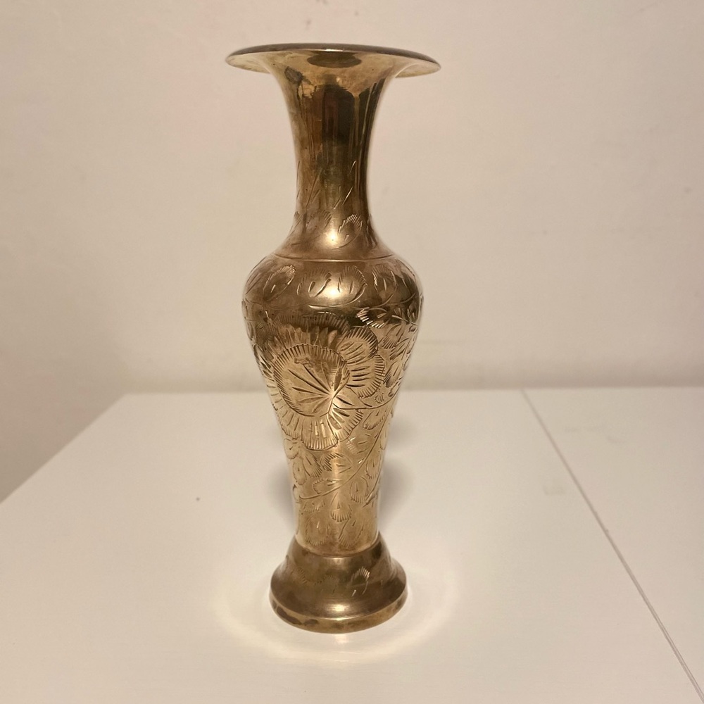 Vintage Solid Brass Vase Etched Floral Flower